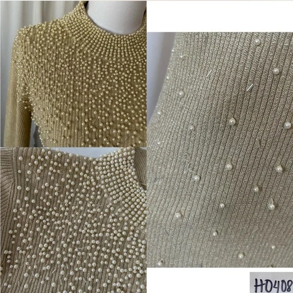 Vintage Silk Belldini Pearl Embellished Metallic Ribbed Mock neck sweater large - Picture 7 of 8